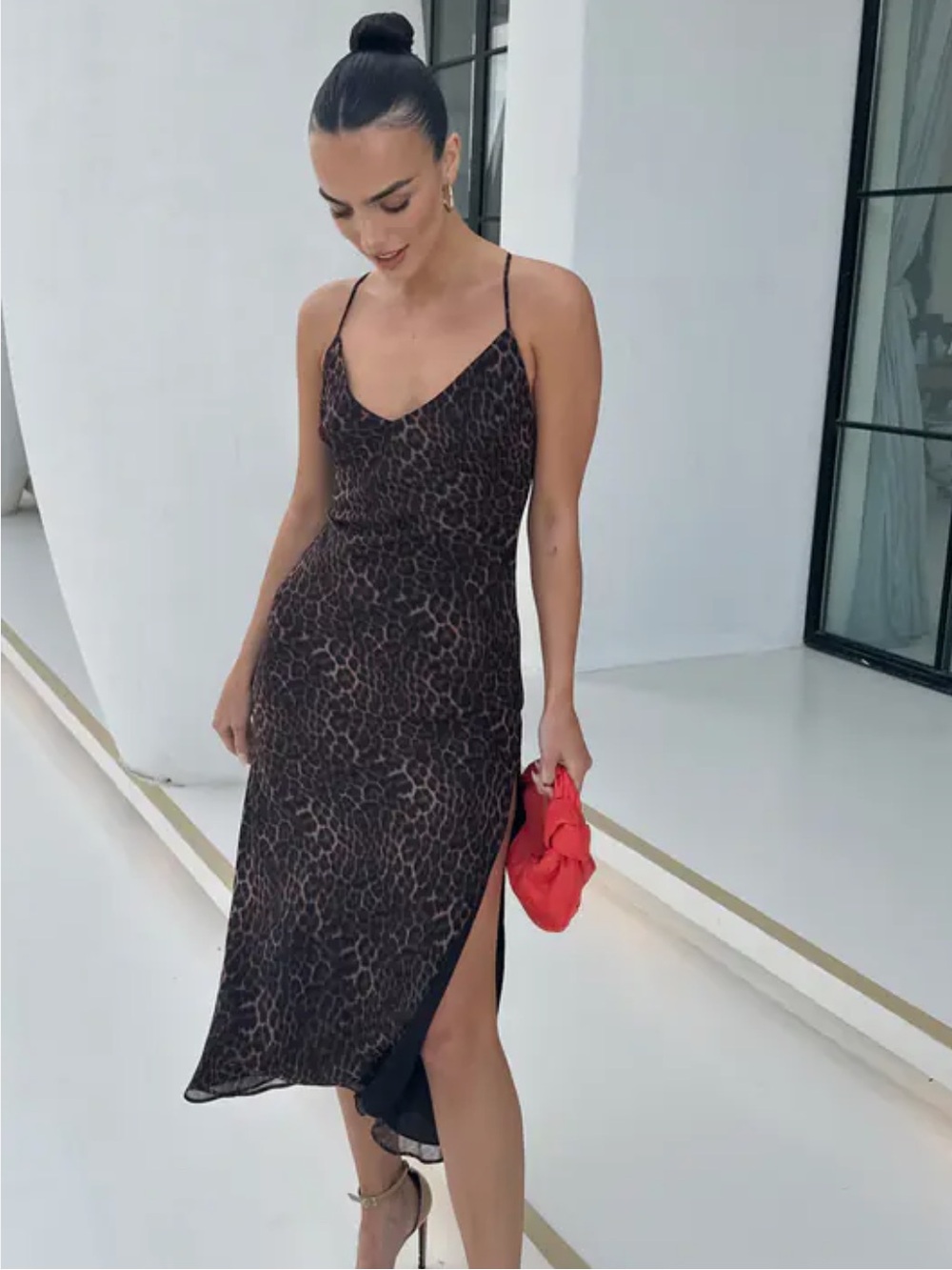Bardot Brown Leopard Slip Midi Dress